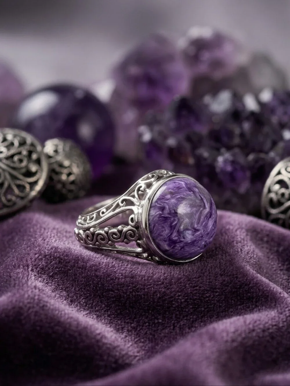 Signed Sajen 925 D'Joy Sterling Silver Ring Charoite Purple Stone Size 7